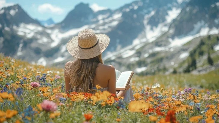 woman reading in mountain meadow